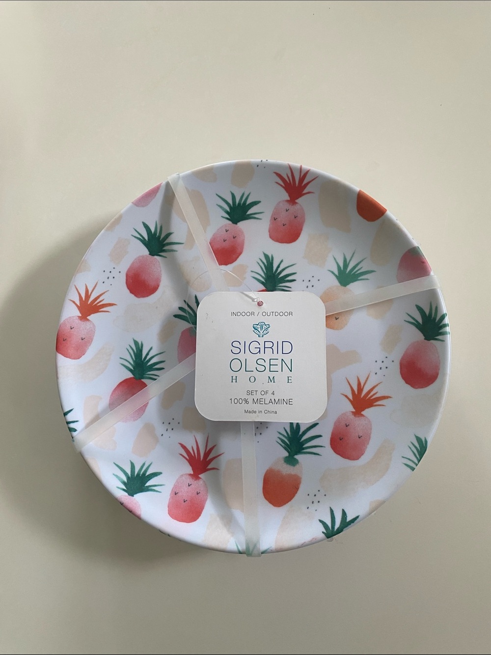 Sigrid Olsen 8 inch Melamine Plates with Pink & Green Pineapple Print - Set of 4